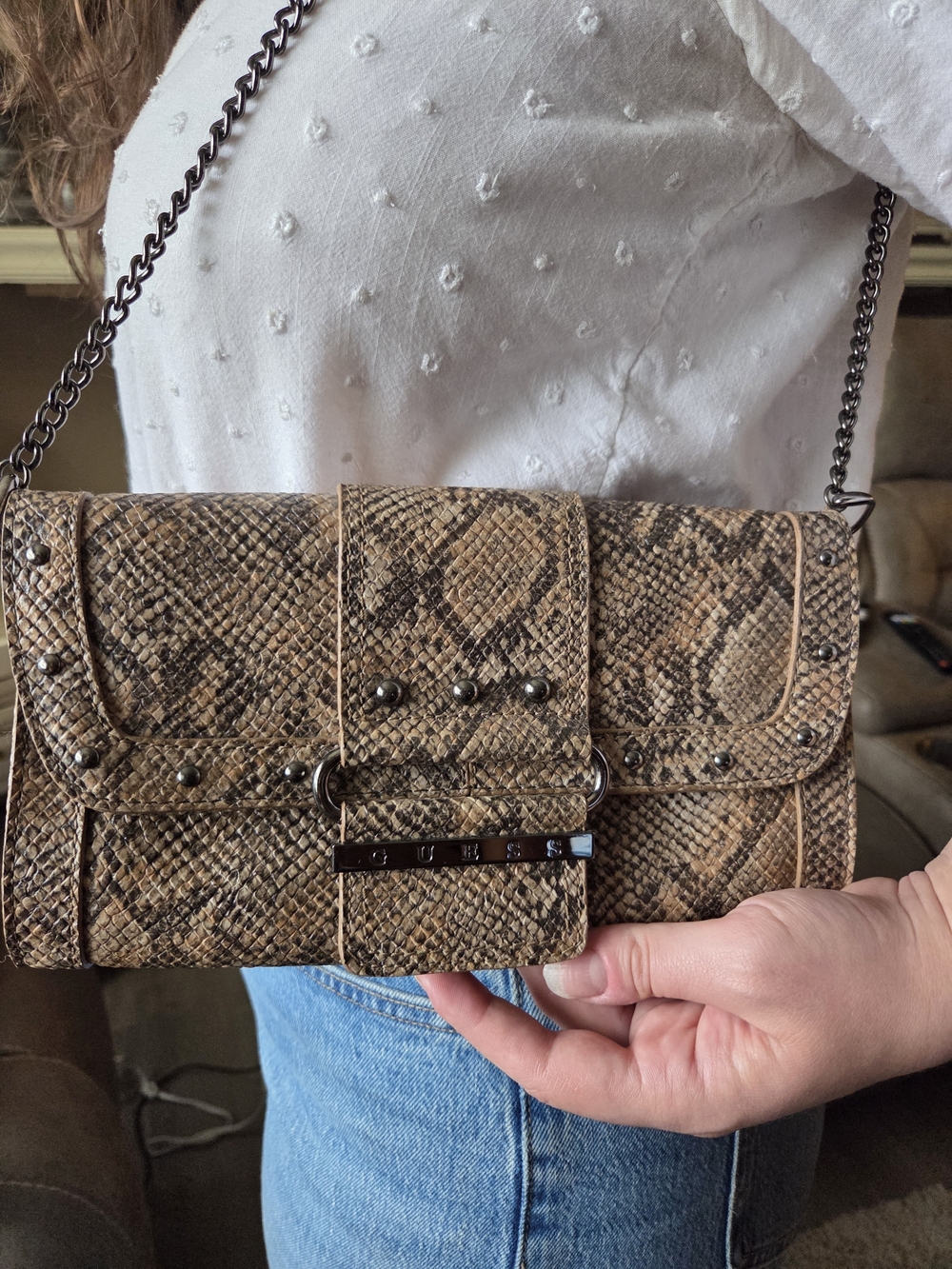 Guess Snake-Embossed Shoulder Bag in Tan and Brown
